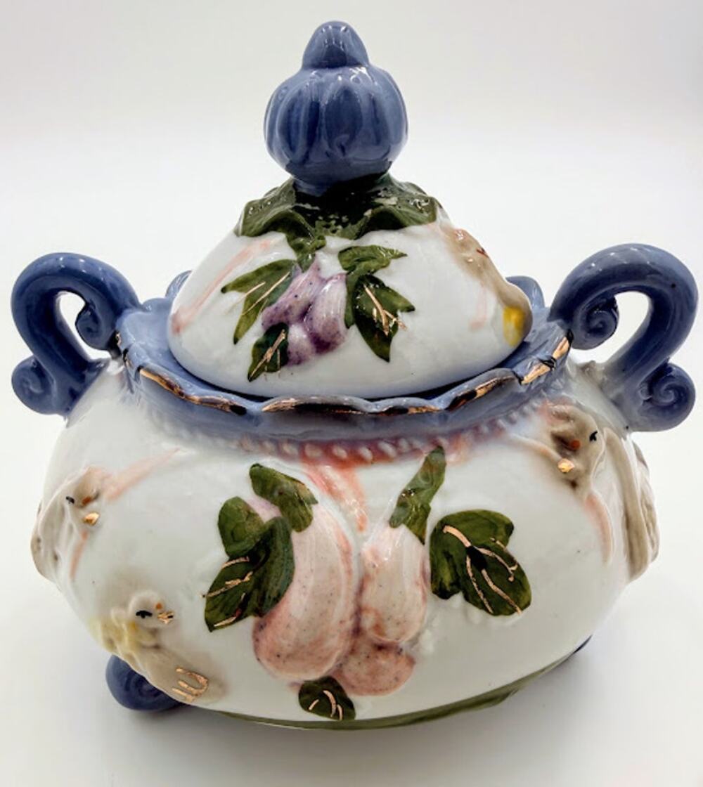 Vintage Duck & Floral Covered Sugar Bowl Hand Painted Ceramic